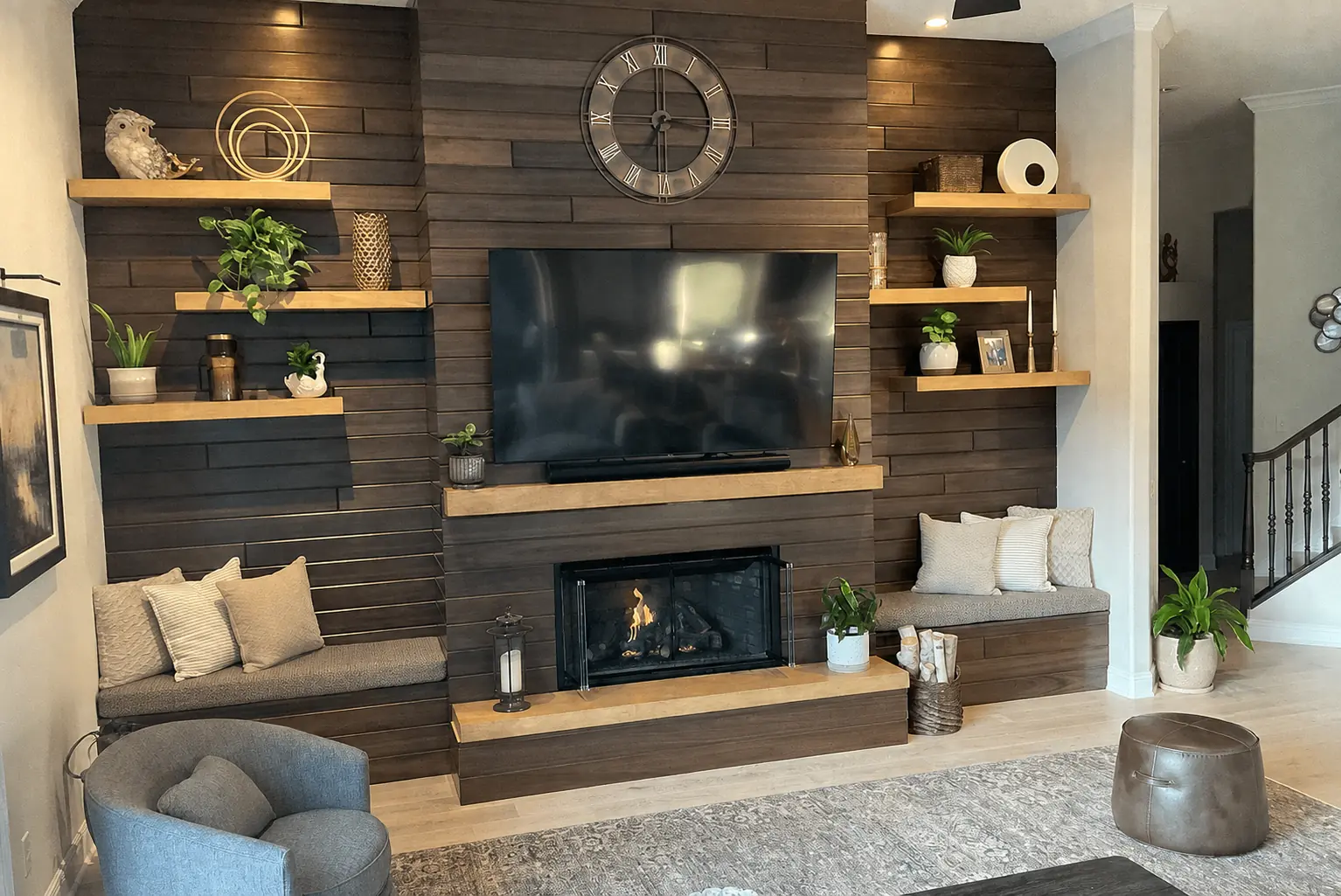 Red Grandis Ebony tongue-and-groove fireplace feature wall