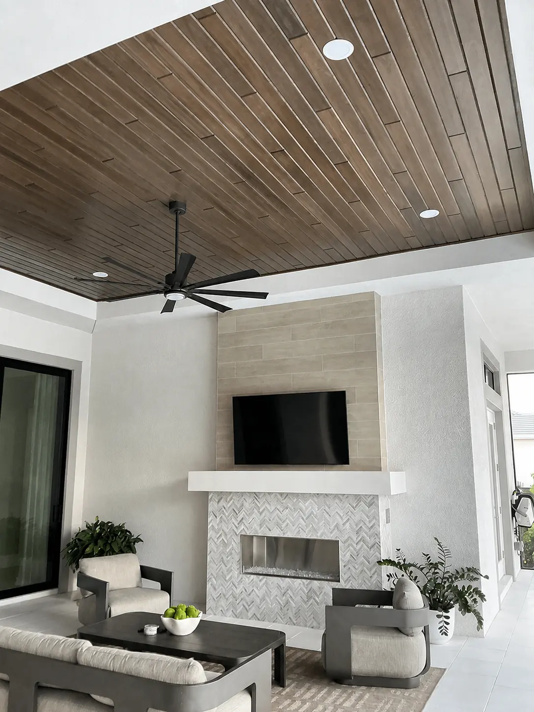 Red Grandis Mocha V-joint tongue-and-groove ceiling installation