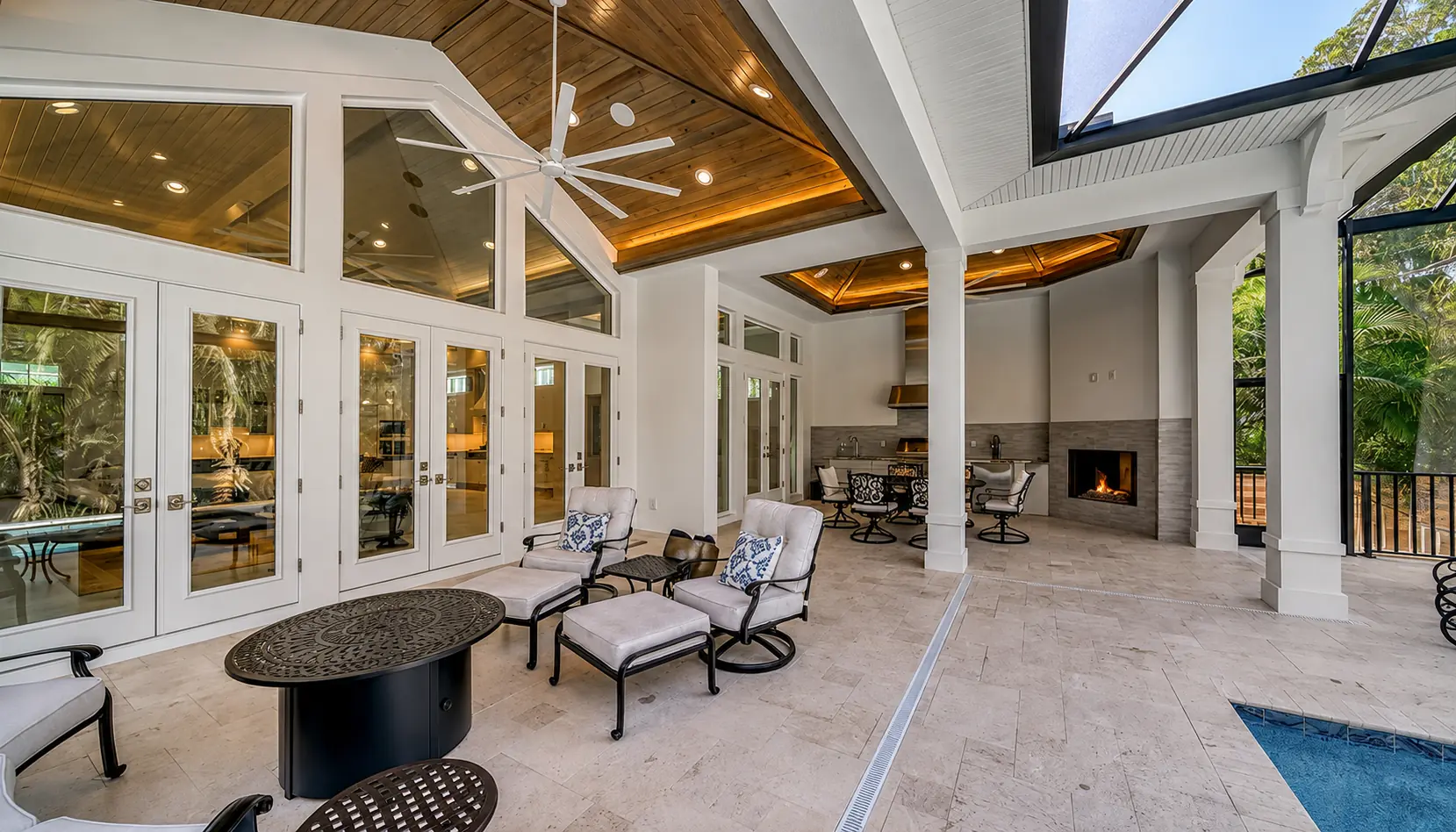 Southern Pine Weathered Grey wood ceiling over a pool lanai by Talon Homes